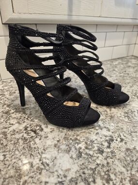 Black Strappy Rhinestone High Heels
